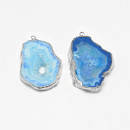 Natural Druzy Agate Pendants, with Platinum Tone Iron Findings, Dyed, Nuggets, Dodger Blue, 20~60x13~50x4~8mm, Hole: 1~4mm(G-Q494-65E-P)