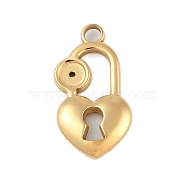 Ion Plating(IP) 304 Stainless Steel Heart Lock Pendant Cabochon Settings, Real 18K Gold Plated, Tray: 4mm, 23x12.5x2.5mm, Hole: 2mm(STAS-U019-12G)