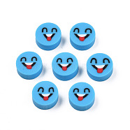 Handmade Polymer Clay Beads, Flat Round with Expression, Deep Sky Blue, 9~10x4~5mm, Hole: 1.6mm(CLAY-N008-065-A02)