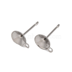 Anti-Tarnish 304 Stainless Steel Stud Earring Findings, Flat Round Earring Settings with Loop, Stainless Steel Color, 8.5x6.5x11.5mm, Hole: 1mm, Pin: 0.7mm(STAS-S151-01P-G)