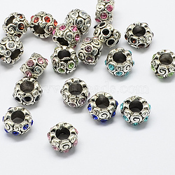 Alloy Rhinestone European Beads, Rondelle Large Hole Beads, Antique Silver, Mixed Color, 11x8mm, Hole: 6mm(MPDL-R036-09)