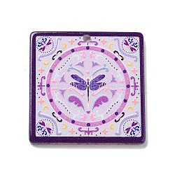 Acrylic Pendants, Square with Butterfly, Purple, 35x35x2mm, Hole: 2mm(OACR-R267-04E)