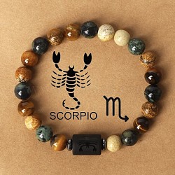 Twelve Constellations Natural Tiger Eye & Picture Jasper & Rhyolite Jasper Round & Column Beaded Stretch Bracelets for Women Men, with Gift Card, Scorpio, 2-3/8 inch(6cm)(WG6FA5D-10)