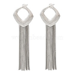 Hollow Rhombus Brass Stud Earrings, Chains Tassel Earrings, Long-Lasting Plated, Lead Free & Cadmium Free, Platinum, 68x21mm, Pin: 11x0.8mm(EJEW-L270-26B-P)