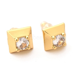 Brass Micro Pave Cubic Zirconia Stud Earrings, with Plastic Ear Nuts, Long-Lasting Plated, Real 18K Gold Plated, Square, Clear, 9x9x5mm, Pin: 0.6mm(EJEW-F273-14D-G)
