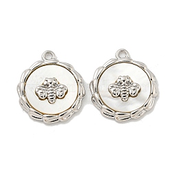 Natural White Shell Charms, Rack Plating Brass Flat Round with Bee Charms, Platinum, 15x13x3mm, Hole: 1.2mm(KK-A214-22P)