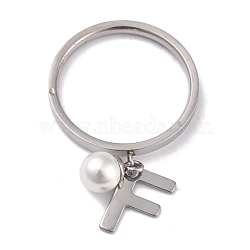 Dual-use Items, 304 Stainless Steel Finger Rings or Pendants, with Plastic Round Beads, Stainless Steel Color, White, Letter.F, US Size 5~9(15.7~18.9mm)(RJEW-O045-21-PF)