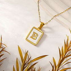 Rectangle Stainless Steel Pave Natural White Shell Initial Pendant Necklaces for Women, Real 18K Gold Plated, Letter B, 15.75 inch(40cm)(FS-WGB5EDA-02)