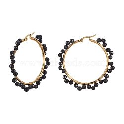 201 Stainless Steel Hoop Earrings, with Natural Black Agate and Cardboard Box, Ring, 52x4mm(EJEW-JE04041-02)