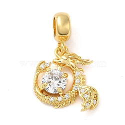 Rack Plating Brass Pave Clear Cubic Zirconia European Dangle Charms, Large Hole Dragon Pendants, Cadmium Free & Lead Free, Long-Lasting Plated, Real 18K Gold Plated, 25.5mm, Dragon: 17x16x4mm, Hole: 4.7mm(KK-K349-18G)