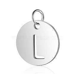 304 Stainless Steel Charms, Flat Round with Letter, Stainless Steel Color, Letter.L, 12x1mm, Hole: 2.5mm(STAS-S105-T514S-L)