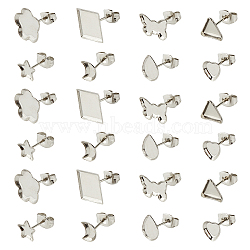 160Pcs 8 Style 304 Stainless Steel Stud Earring Settings, with 160Pcs Ear Nuts, Heart & Star & Butterfly & Moon & Flower, Stainless Steel Color, 7~12x5~12x1~2mm, Tray: 4~10x4~10mm, Pin: 0.8mm, 20Pcs/style(STAS-DC0014-79)