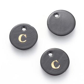 Freshwater Shell Charms, with Gold Blocking Letter, Dyed, Flat Round, Black, Letter.C, 11x1.5mm, Hole: 1.5mm