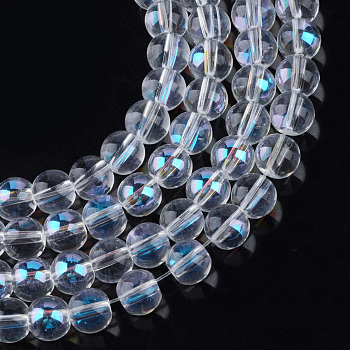 Electroplate Glass Beads Strands, Rainbow Plated, Round, Clear, 7.5x8.5mm, Hole: 1mm, about 104pcs/strand, 30.3 inch