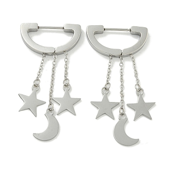 Non-Tarnish 304 Stainless Steel Hoop Earrings, Polished, Star & Moon, Stainless Steel Color, 45.5x3mm