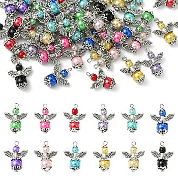48Pcs 12 Colors Glass Pendants, Angel, with Pearlized Glass Pearl Round Bead & Alloy Findings, Mixed Color, 30mm, Hole: 2.5mm, 4pcs/color