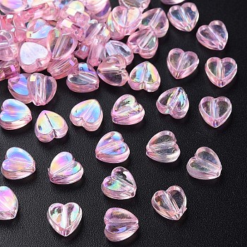 Transparent Acrylic Beads, AB Color Plated, Heart, Pearl Pink, 7.5x8x3mm, Hole: 1.8mm