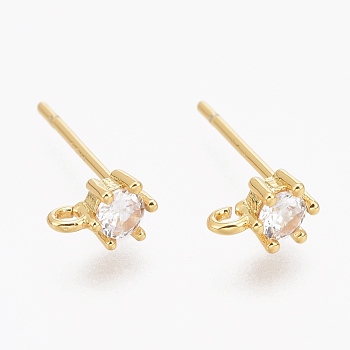 Brass Micro Pave Clear Cubic Zirconia Stud Earring Findings, with Silicone Ear Nuts, with Loop, Long-Lasting Plated, Flat Round, Real 18K Gold Plated, 6x4mm, Hole: 1mm, Pin: 0.8mm