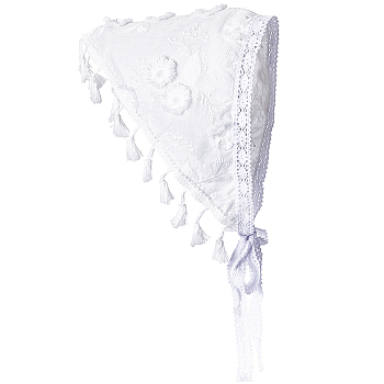 Flower Decor Lace Triangle Bandanas, Hollow Out Headwear Headband, Women's Tassel Trim Kerchief Turban, White, 1080mm