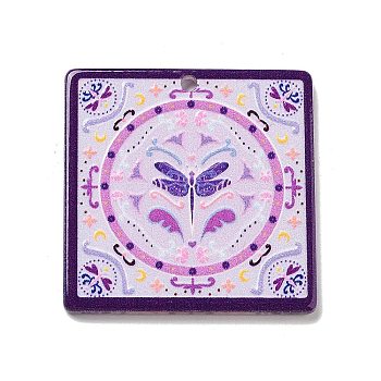 Acrylic Pendants, Square with Butterfly, Purple, 35x35x2mm, Hole: 2mm