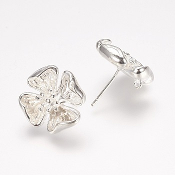 Rack Plating Brass Stud Earring Findings, with Loop, Flower, Silver Color Plated, 16x16x4.5mm, Hole: 0.5mm, pin: 0.5mm