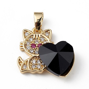 Real 18K Gold Plated Rack Plating Brass Micro Pave Cubic Zirconia Pendants, with Glass, Long-Lasting Plated, Cadmium Free & Lead Free, Cat with Heart, Black, 21x19.5x7.5mm, Hole: 3.5x5mm