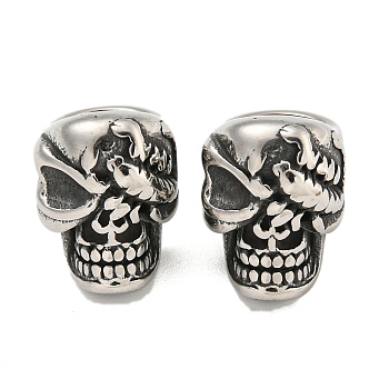 316 Surgical Stainless Steel Beads, Large Hole Beads, Skull, Antique Silver, 16x12x17mm, Hole: 8mm