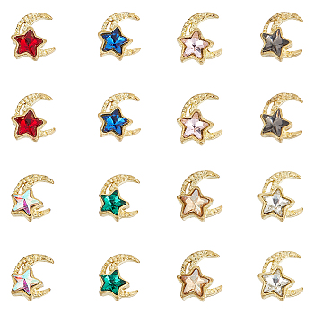 48Pcs 8 Colors Light Gold Tone Alloy Cabochons, with Rhinestone, Nail Art Decoration Accessories for Women, Moon with Star, Mixed Color, 11x9x4mm, 6pcs/color
