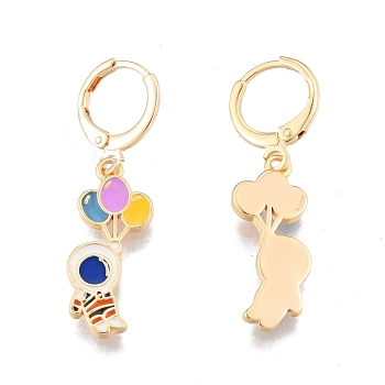 Colorful Enamel Spaceman Dangle Leverback Earrings, Brass Jewelry for Women, Cadmium Free & Nickel Free & Lead Free, Real 18K Gold Plated, 36mm, Pin: 1mm