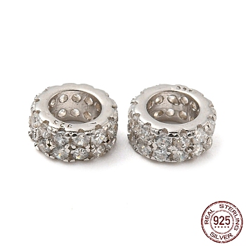 Rhodium Plated 925 Sterling Silver Spacer Beads, with Cubic Zirconia, Column, Real Platinum Plated, 5.5x2.6mm, Hole: 3.3mm