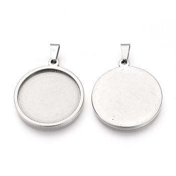 201 Stainless Steel Pendant Cabochon Settings, Flat Round, Stainless Steel Color, Tray: 35mm, 41x38x2mm, Hole: 8x4mm