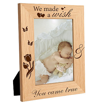 Natural Wood Photo Frames, for Tabletop Display Photo Frame, Rectangle with Word, Flower Pattern, 152x102mm