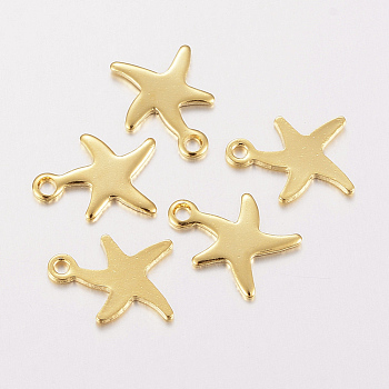 304 Stainless Steel Charms, Starfish/Sea Stars, Real 18k Gold Plated, 11x9x0.8mm, Hole: 1mm