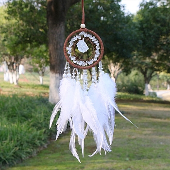 Natural Quartz Crystal Chips Woven Net/Web with Feather Pendant Decoration, Iron Ring Hanging Ornament, 400x70mm
