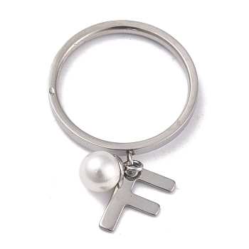 Dual-use Items, 304 Stainless Steel Finger Rings or Pendants, with Plastic Round Beads, Stainless Steel Color, White, Letter.F, US Size 5~9(15.7~18.9mm)