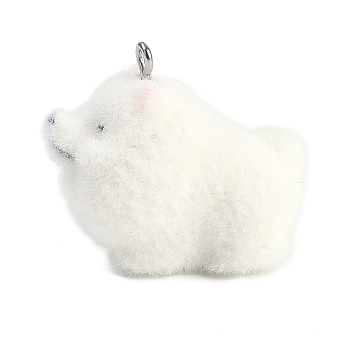 Animal Theme Flocky Resin Pendants, with Platinum Tone Iron Loop, Dog, 26.5x31x18.3mm, Hole: 2mm