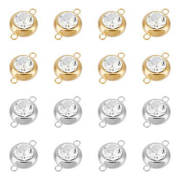 16Pcs 2 Colors 304 Stainless Steel Pave Clear Cubic Zirconia Connector Charms, Flat Round Links, Golden & Stainless Steel Color, 18x12x7mm, Hole: 2mm, 8pcs/color