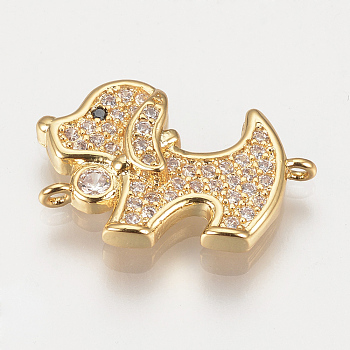 Brass Micro Pave Cubic Zirconia Puppy Links connectors, Beagle Dog, Clear, Golden, 14x20.5x4mm, Hole: 1mm