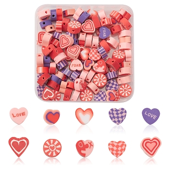 100Pcs 5 Style Handmade Polymer Clay Beads, Heart, for Valentine's Day, Mixed Color, 7.5~10x7~11x4~5mm, hole: 1.4~1.8mm
