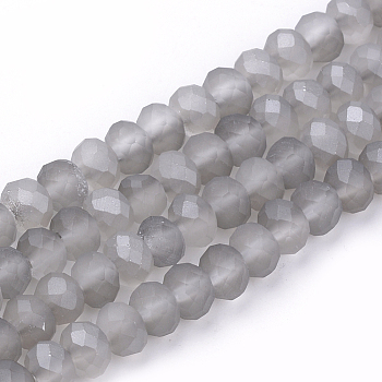 Electroplate Glass Beads Strands, Faceted, Half Plated, Matte Style, Rondelle, Light Grey, 4x3mm, Hole: 1mm, about 150pcs/strand, 18.9 inch