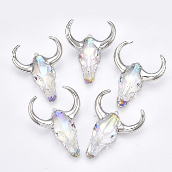 Electroplate Glass Big Pendants, with Iron Findings, AB Colour, Ox-Head Shape, Clear AB, Platinum, 45~60x35~50x15mm, Hole: 2mm