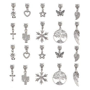 50Pcs 10 Styles Tibetan Style Alloy European Dangle Charms, Large Hole Pendant, Butterfly & Wing & Heart, Mixed Shapes, Antique Silver, 22~38mm, Hole: 4.6mm, 5pcs/style