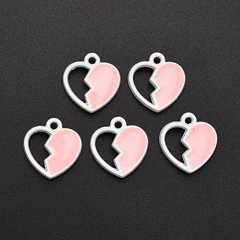 Spray Painted Alloy Enamel Charms, Heart-broken, Pink, 14.5x14x3mm, Hole: 1.6mm