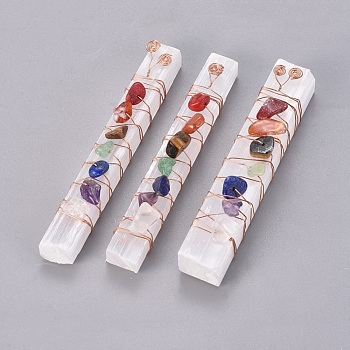 Chakra Jewelry, Natural Selenite Home Decorations, Energy Wands, for Meditation Yoga and Balancing, with Brass Wire Wrapped and Natural Gemstone Chip Beads, Rectangle, 75~90x10~15x7~14mm