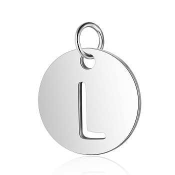 304 Stainless Steel Charms, Flat Round with Letter, Stainless Steel Color, Letter.L, 12x1mm, Hole: 2.5mm