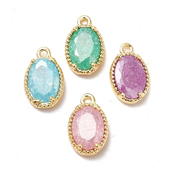 Glass Charms, with Real 18K Gold Plated Brass Findings, Faceted Oval, Mixed Color, 10x6x3mm, Hole: 0.9mm