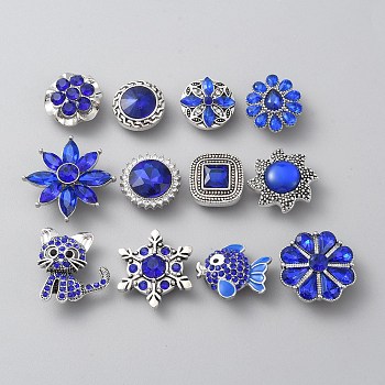 Alloy Rhinestone Snap Buttons, Jewelry Buttons, Mixed Shapes, Blue, 20x20.5x12mm, 12pcs/set