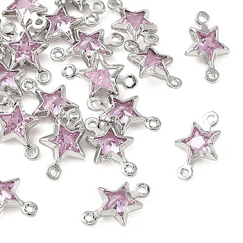 SHEGRACE Brass Pave Cubic Zirconia Star Connector Charms, Cadmium Free & Nickel Free & Lead Free, Long-Lasting Plated, Real Platinum Plated, Pink, 11x7x3mm, Hole: 0.9mm & 1mm