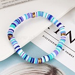 Handmade Polymer Clay Heishi Beaded Stretch Bracelets with CCB for Women, Golden, Blue, 7.09 inch(18cm)(JF1252-3)