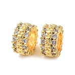 Brass Micro Pave Clear Cubic Zirconia European Beads, Flat Round, Large Hole Beads, Long-Lasting Plate, Rack Plating, Cut-Out, Golden, 8x4mm, Hole: 4.5mm(CU-H003-01G)